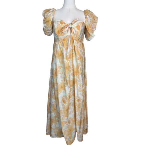 NWT ASTR XL The Label Orange Tropical Maxi Dress Puff Sleeves & Tie Front - Picture 1 of 16